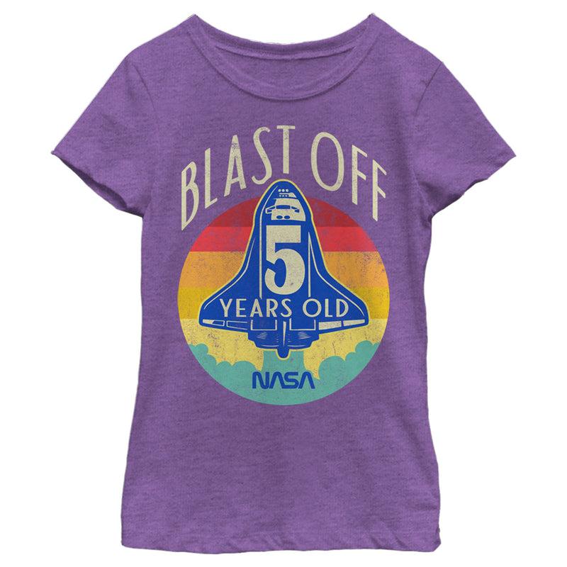 Girl's NASA Space Shuttle Blast Off 5th Birthday Retro Portrait T-Shirt