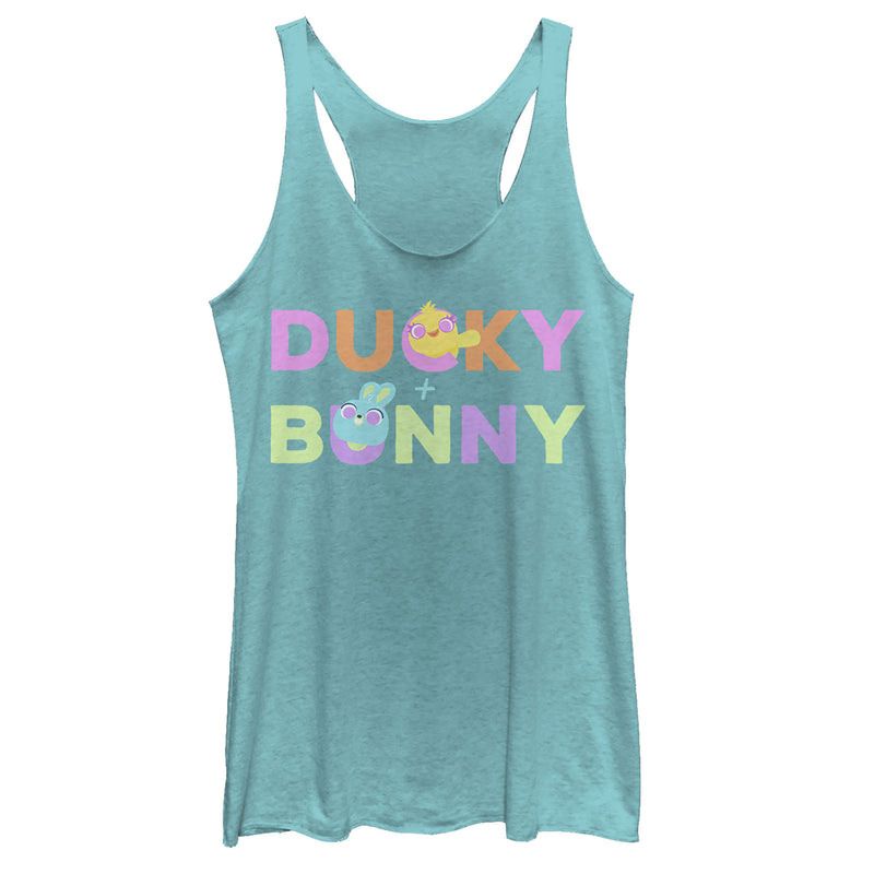 Women's Toy Story Ducky & Bunny Rainbow Text Racerback Tank Top