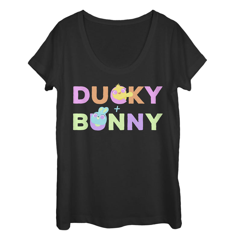 Women's Toy Story Ducky & Bunny Rainbow Text Scoop Neck