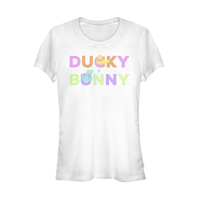 Junior's Toy Story Ducky & Bunny Rainbow Text T-Shirt