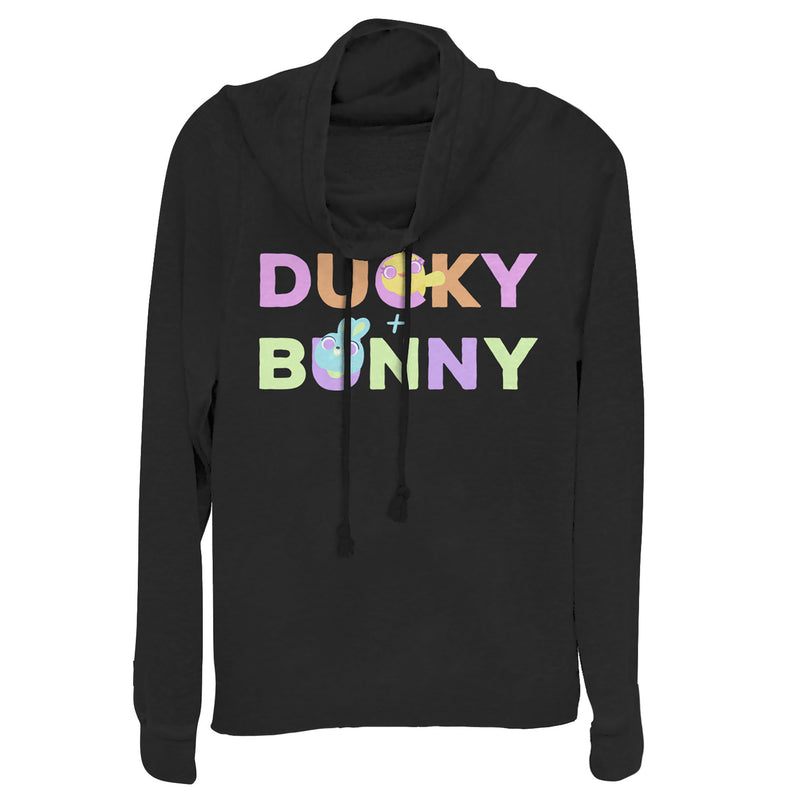 Junior's Toy Story Ducky & Bunny Rainbow Text Cowl Neck Sweatshirt