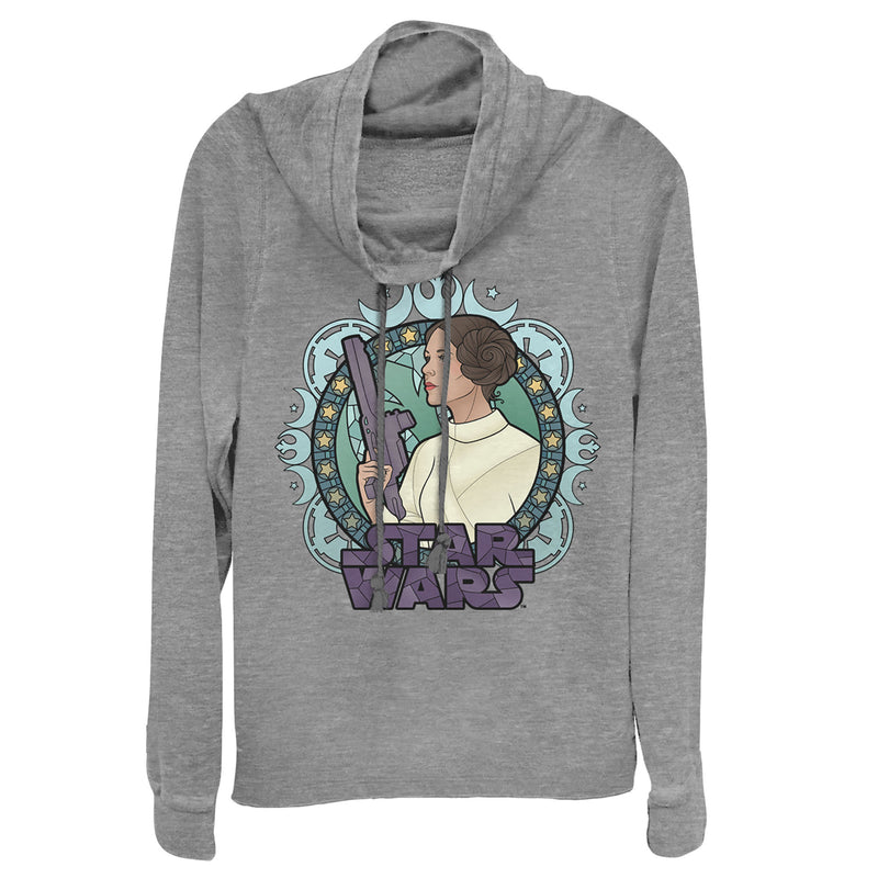 Junior's Star Wars Ornate Princess Leia Glass Cowl Neck Sweatshirt