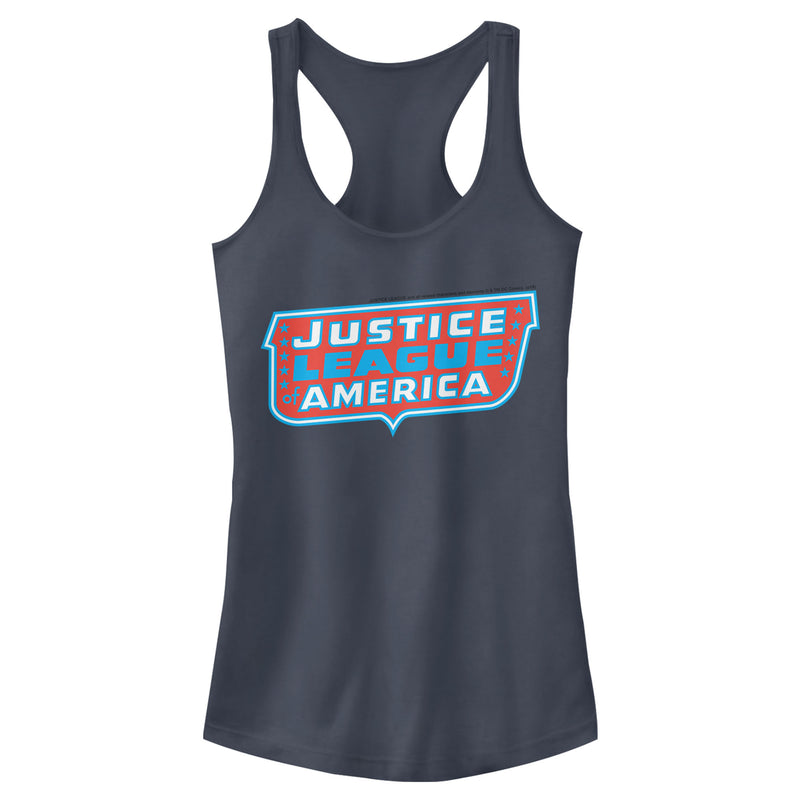 Junior's Justice League Patriotic Frame Logo Racerback Tank Top