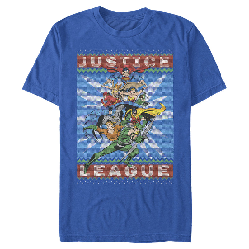 Men's Justice League Christmas Sweater Style Action Pose T-Shirt