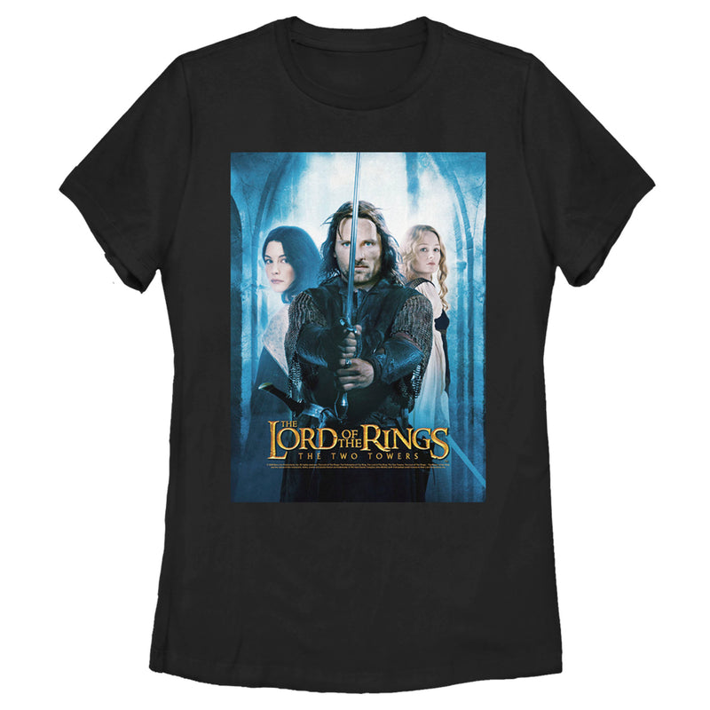 Women's The Lord of the Rings Two Towers Aragorn Arwen and Galadriel Logo T-Shirt