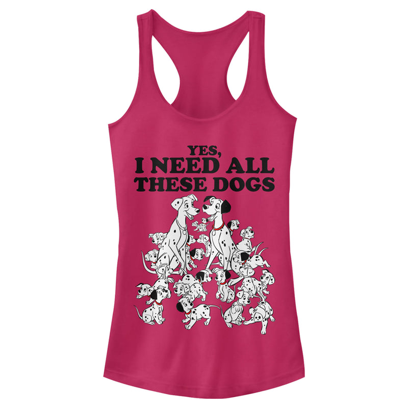 Junior's One Hundred and One Dalmatians Yes, I Need All These Dogs Racerback Tank Top