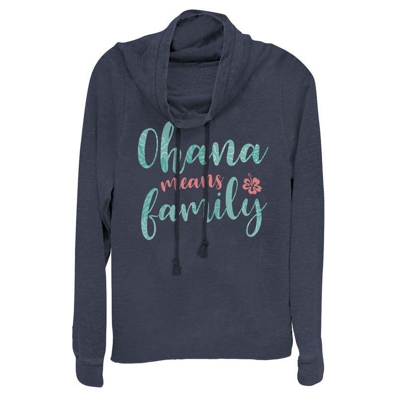 Junior's Lilo & Stitch Blue and Red Ohana means Family Cowl Neck Sweatshirt