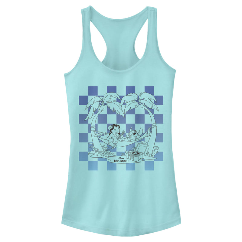 Junior's Lilo & Stitch Blue Checkered Palm Trees Racerback Tank Top