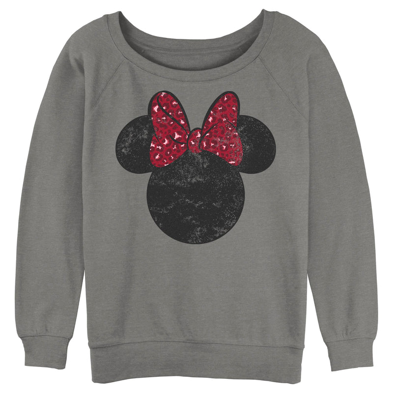 Junior's Mickey & Friends Minnie Mouse Distressed Leopard Bow Sweatshirt