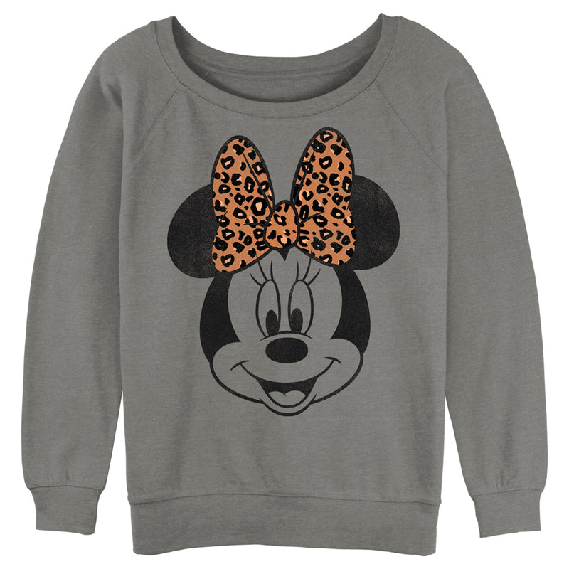 Junior's Mickey & Friends Minnie Mouse Cheetah Print Bow Sweatshirt