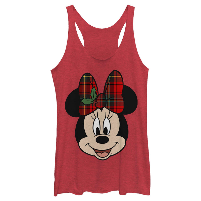 Women's Mickey & Friends Christmas Minnie Mouse Holly Plaid Bow Racerback Tank Top