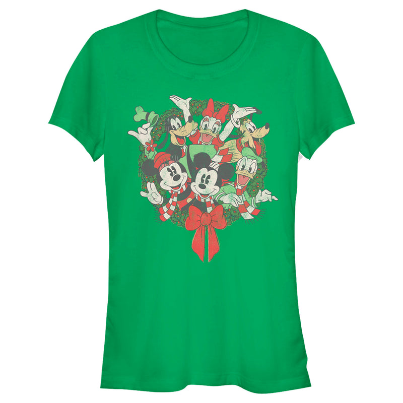 Junior's Mickey & Friends Christmas Group Shot Wreath T-Shirt