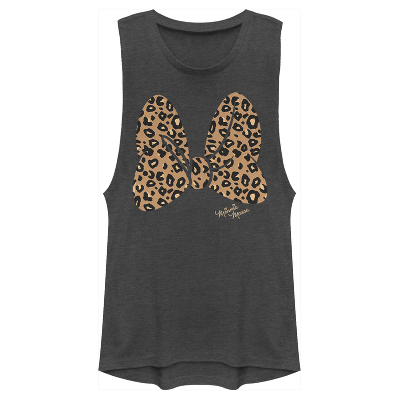 Junior's Mickey & Friends Cheetah Print Minnie Mouse Bow Festival Muscle Tee