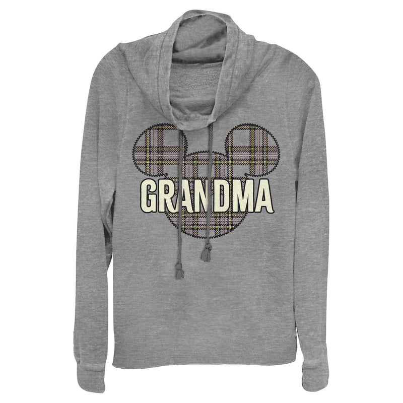 Junior's Mickey & Friends Grandma Plaid Logo Cowl Neck Sweatshirt