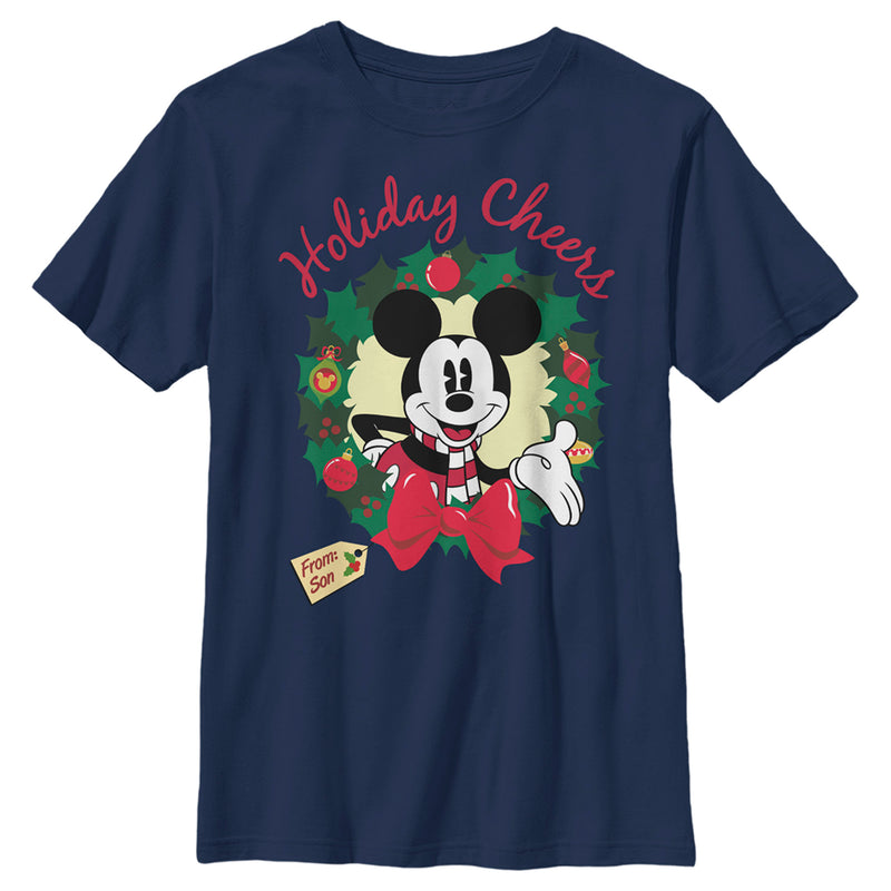 Boy's Mickey & Friends Christmas Holiday Cheers Wreath T-Shirt