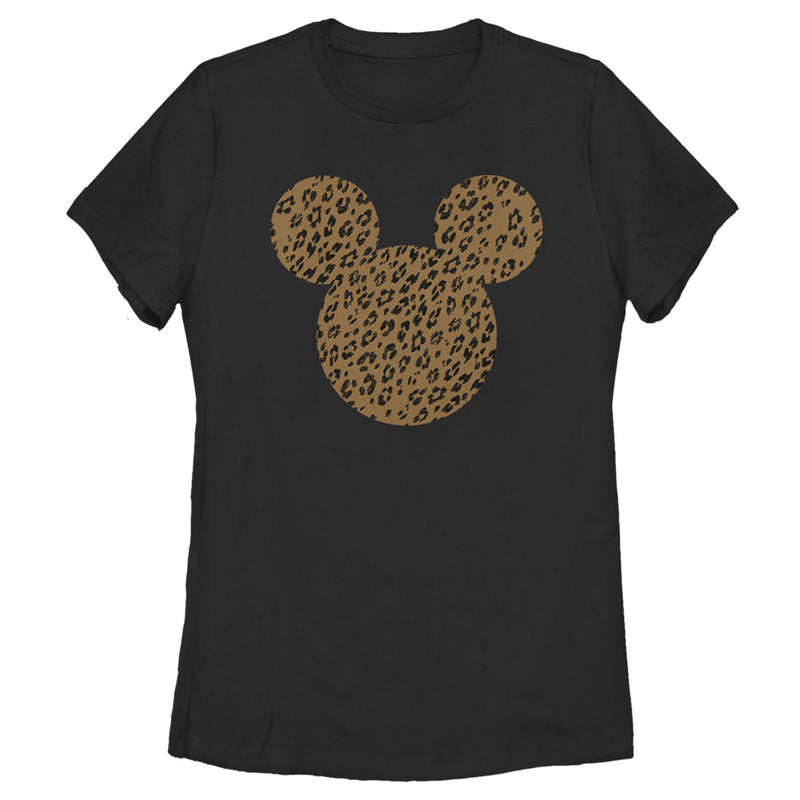 Women's Mickey & Friends Cheetah Print Mickey Mouse Logo Distressed T-Shirt