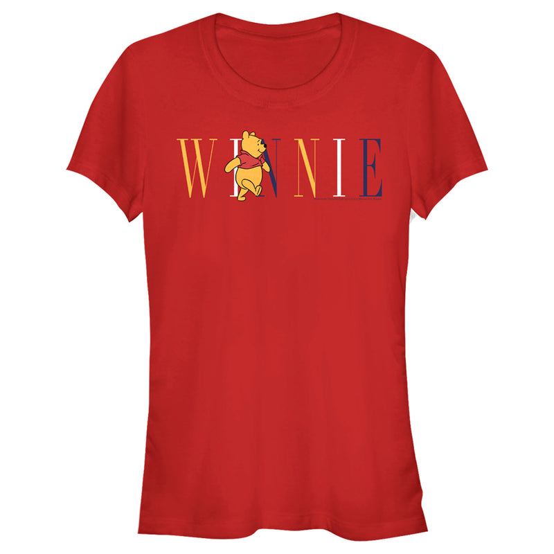 Junior's Winnie the Pooh Yellow, White, and Blue Script T-Shirt