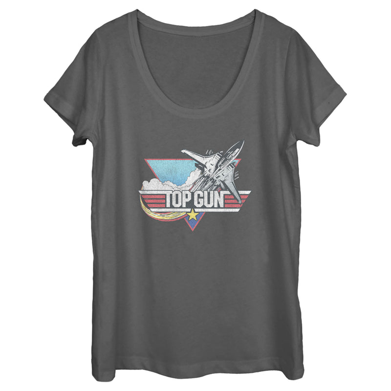 Women's Top Gun Distressed Fighter Jet Logo Scoop Neck