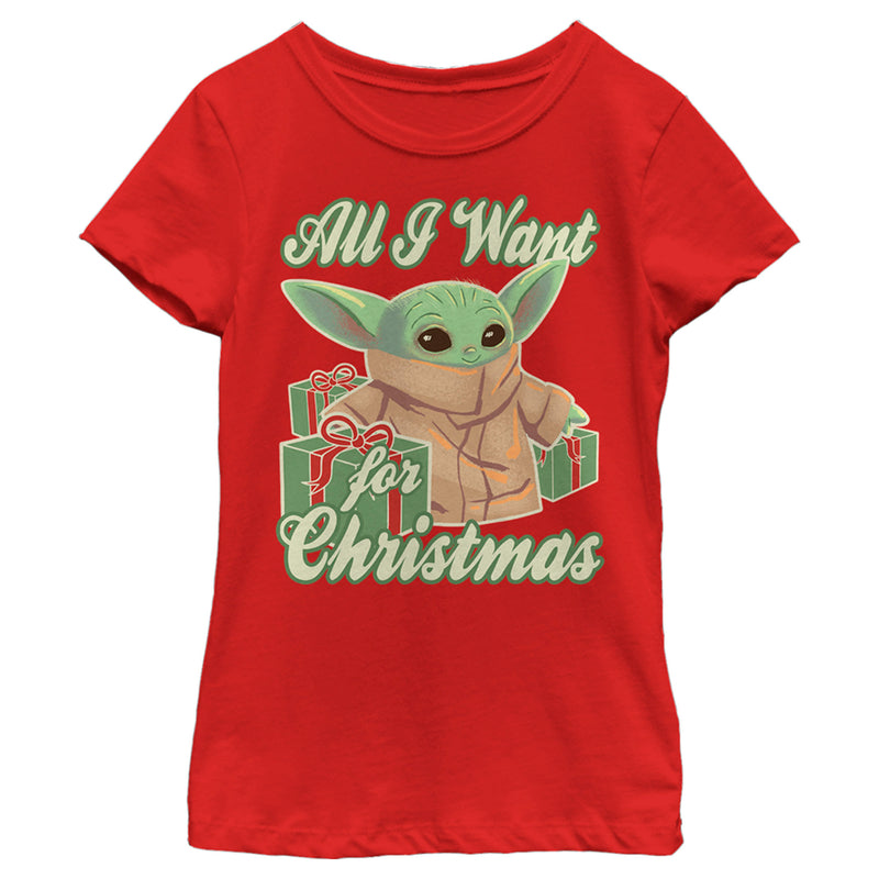 Girl's Star Wars: The Mandalorian Grogu All I Want for Christmas T-Shirt