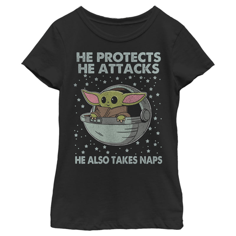 Girl's Star Wars: The Mandalorian The Child Protects Attacks Naps T-Shirt