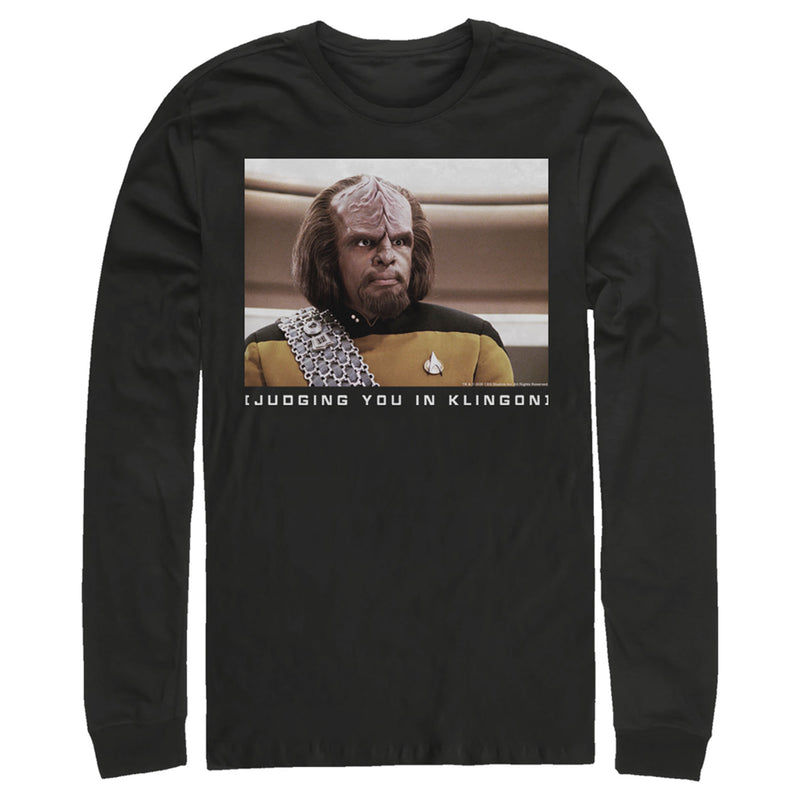 Men's Star Trek: The Next Generation Worf Judging You in Klingon Long Sleeve Shirt