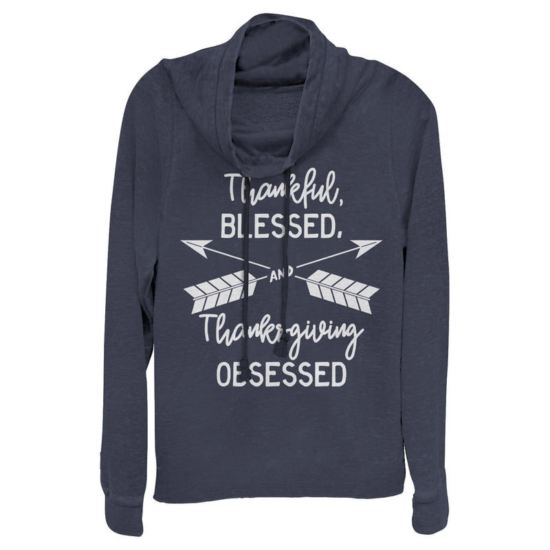 Junior's Lost Gods Thankful Blessed and Thanksgiving Obsessed Cowl Neck Sweatshirt