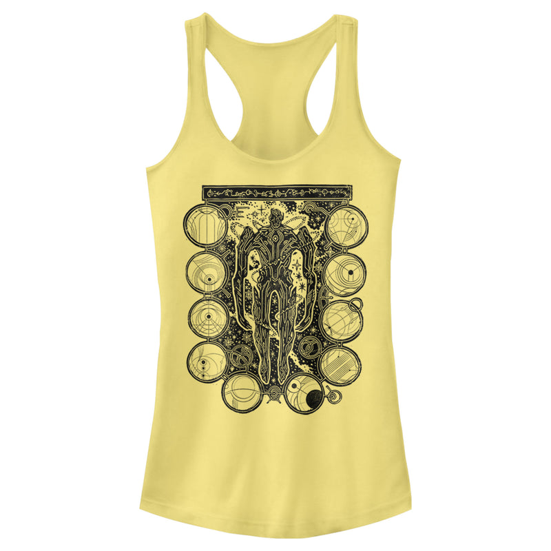 Junior's Marvel Eternals Kro Wood Stamp Circles Racerback Tank Top