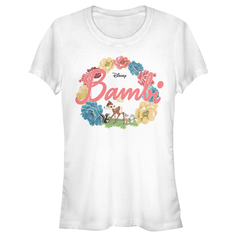 Junior's Bambi Flower in Floral Circle With Butterfly T-Shirt