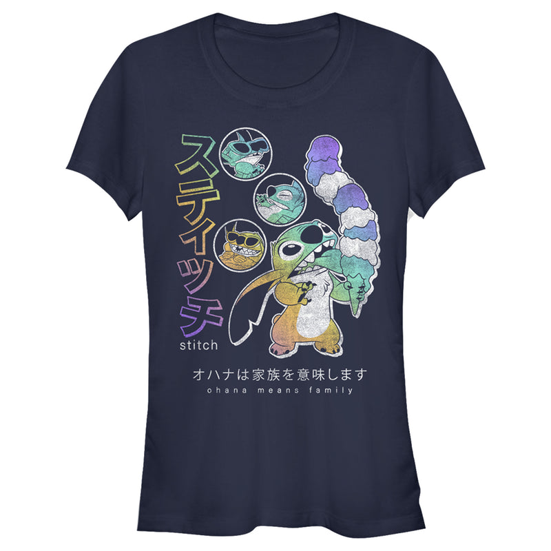 Junior's Lilo & Stitch Ohana Means Family Rainbow Distressed T-Shirt