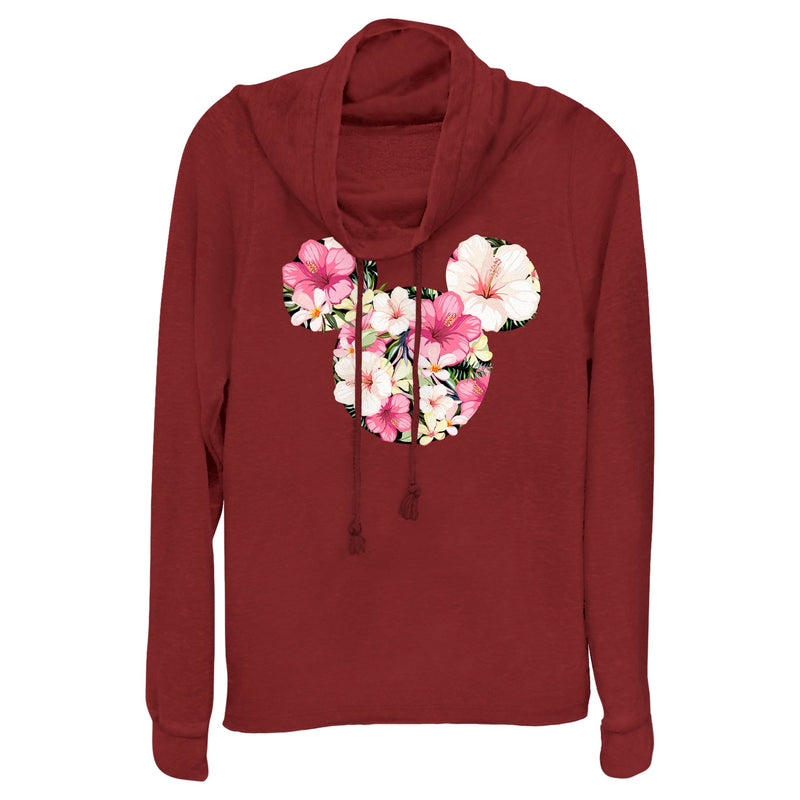 Junior's Mickey & Friends Pink Floral Mickey Mouse Logo Cowl Neck Sweatshirt