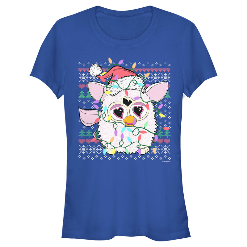 Junior's Furby Christmas Lights Ugly Sweater Print T-Shirt