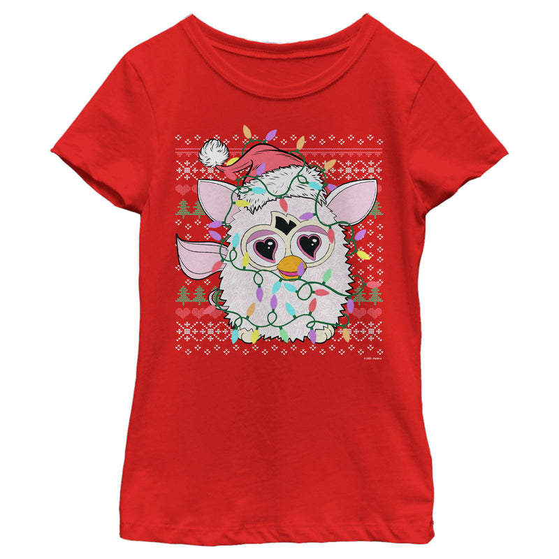 Girl's Furby Christmas Lights Ugly Sweater Print T-Shirt