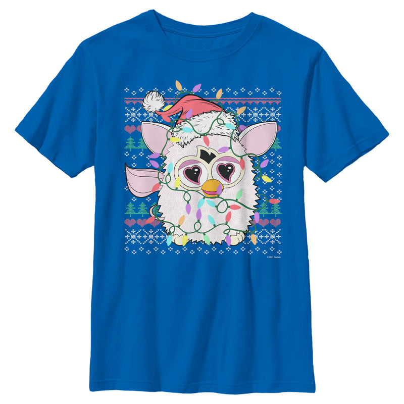 Boy's Furby Christmas Lights Ugly Sweater Print T-Shirt