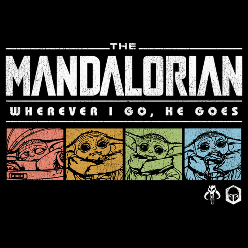 Men's Star Wars: The Mandalorian Grogu Wherever I Go He Goes Colorful Squares T-Shirt