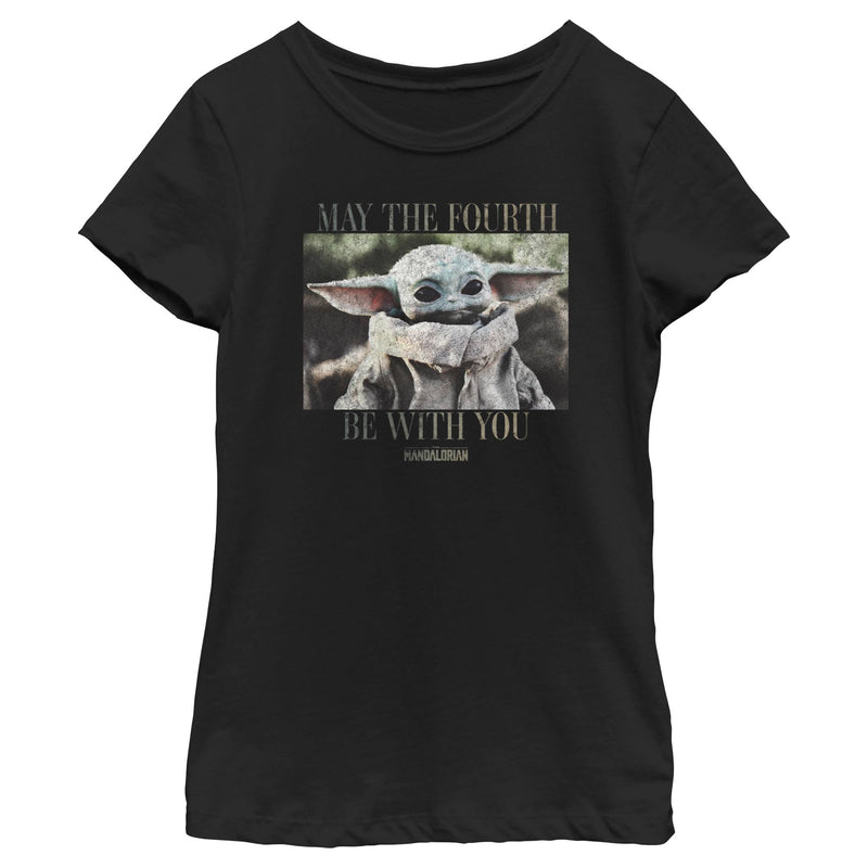 Girl's Star Wars: The Mandalorian May the Fourth Grogu Portrait Distressed T-Shirt