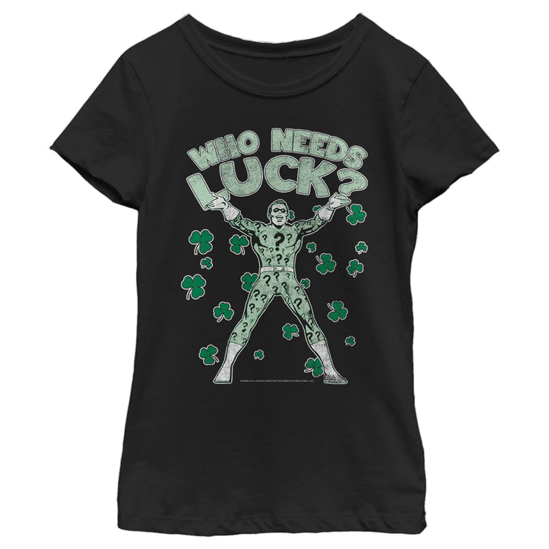 Girl's Batman St. Patrick's Day Riddler Who Needs Luck Distressed T-Shirt