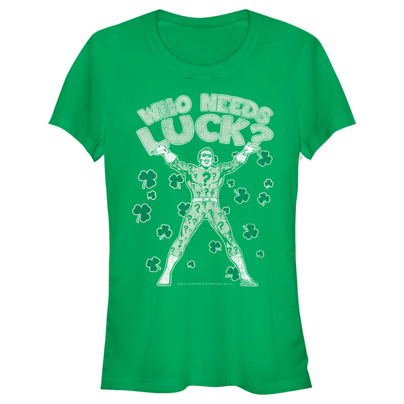 Junior's Batman St. Patrick's Day Riddler Who Needs Luck Distressed T-Shirt