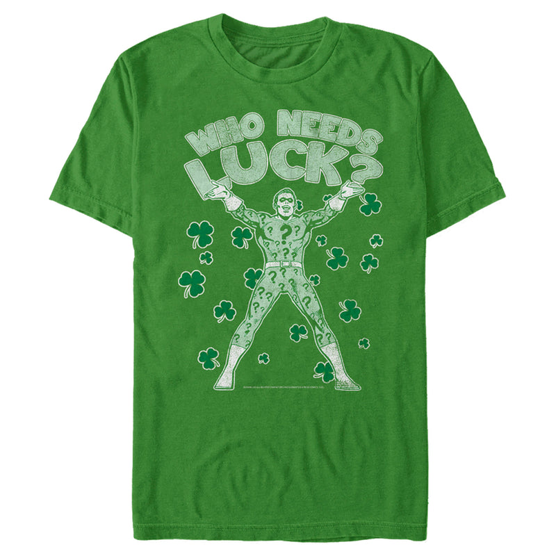 Men's Batman St. Patrick's Day Riddler Who Needs Luck Distressed T-Shirt