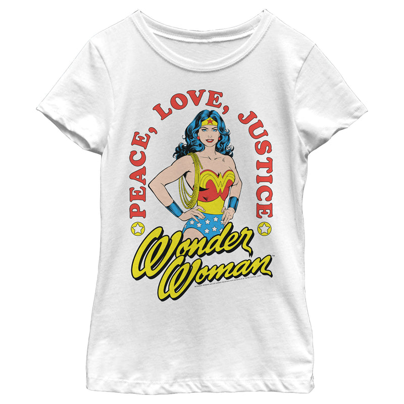 Girl's Wonder Woman Peace Love Justice Poster T-Shirt