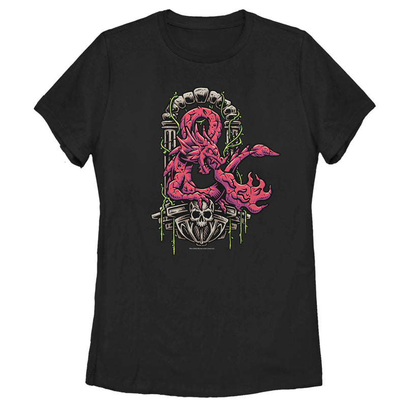 Women's Dungeons & Dragons Red Dragon Logon On Top of Skull T-Shirt