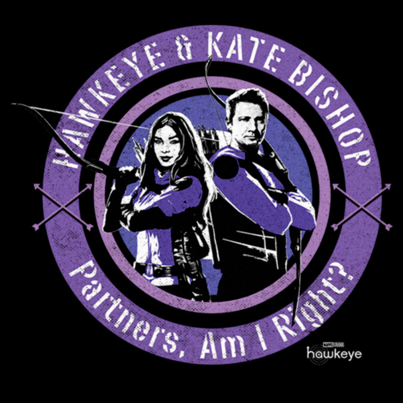 Women's Marvel Hawkeye Partners, Am I Right? Stamp T-Shirt