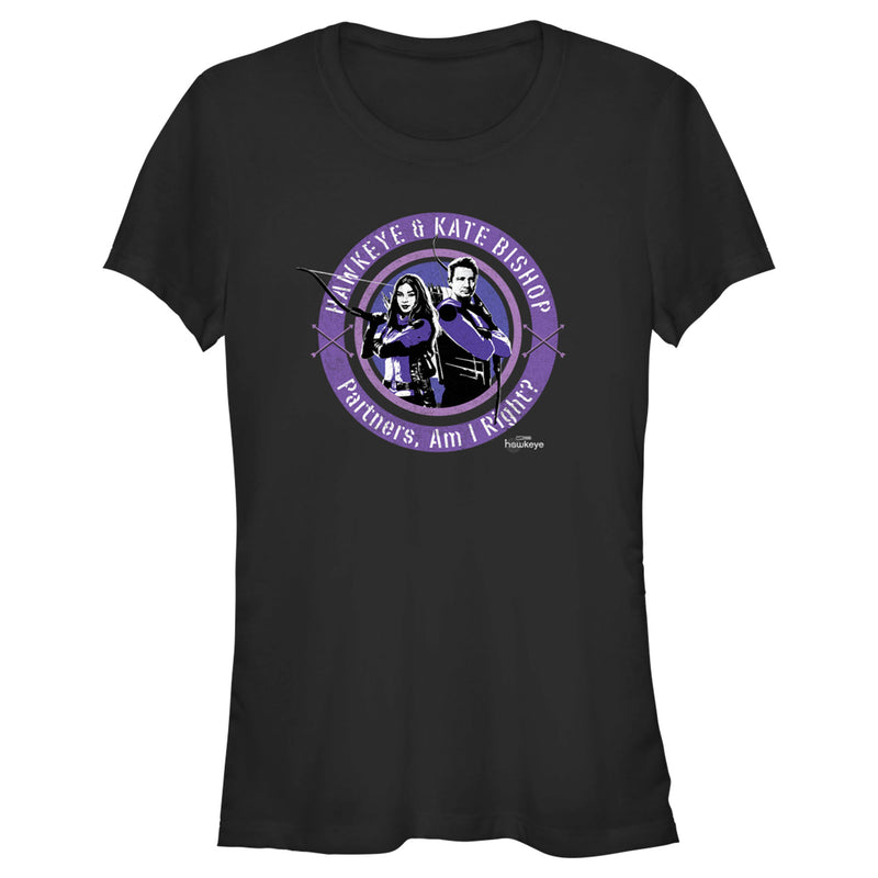 Junior's Marvel Hawkeye Partners, Am I Right? Stamp T-Shirt