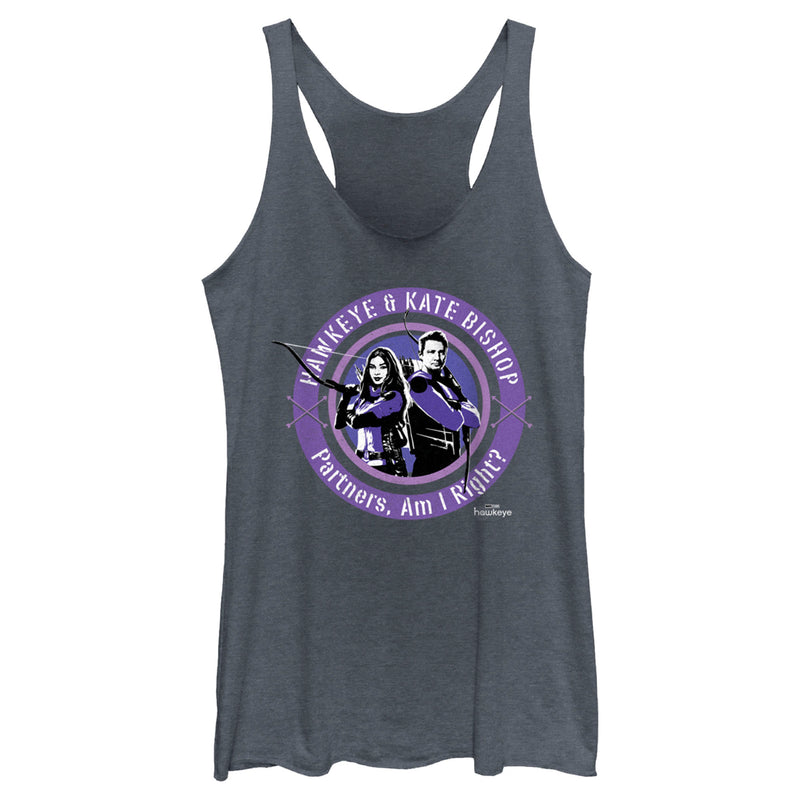 Women's Marvel Hawkeye Partners, Am I Right? Stamp Racerback Tank Top