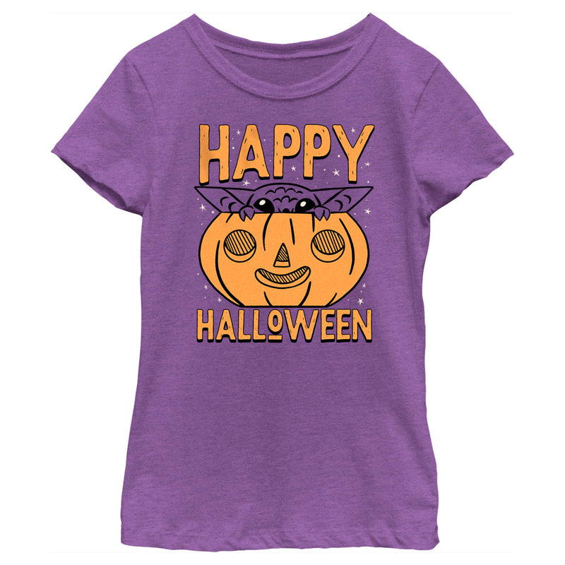 Girl's Star Wars: The Mandalorian Halloween Grogu Pumpkin Peek T-Shirt