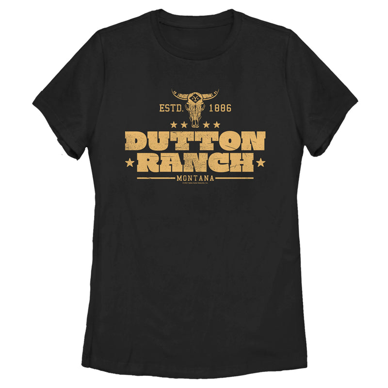 Women's Yellowstone Small Cow Skull Dutton Ranch Logo ESTD 1886 T-Shirt
