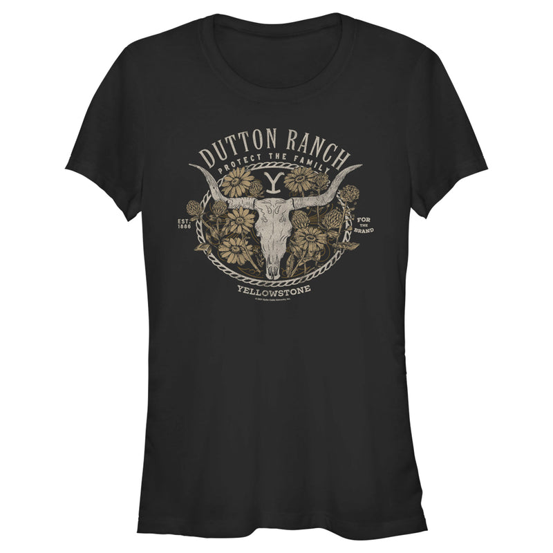 Junior's Yellowstone Cow Skull and Flowers Protect The Family T-Shirt
