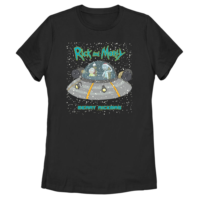 Women's Rick And Morty Snowing Spaceship Merry Rickmas T-Shirt