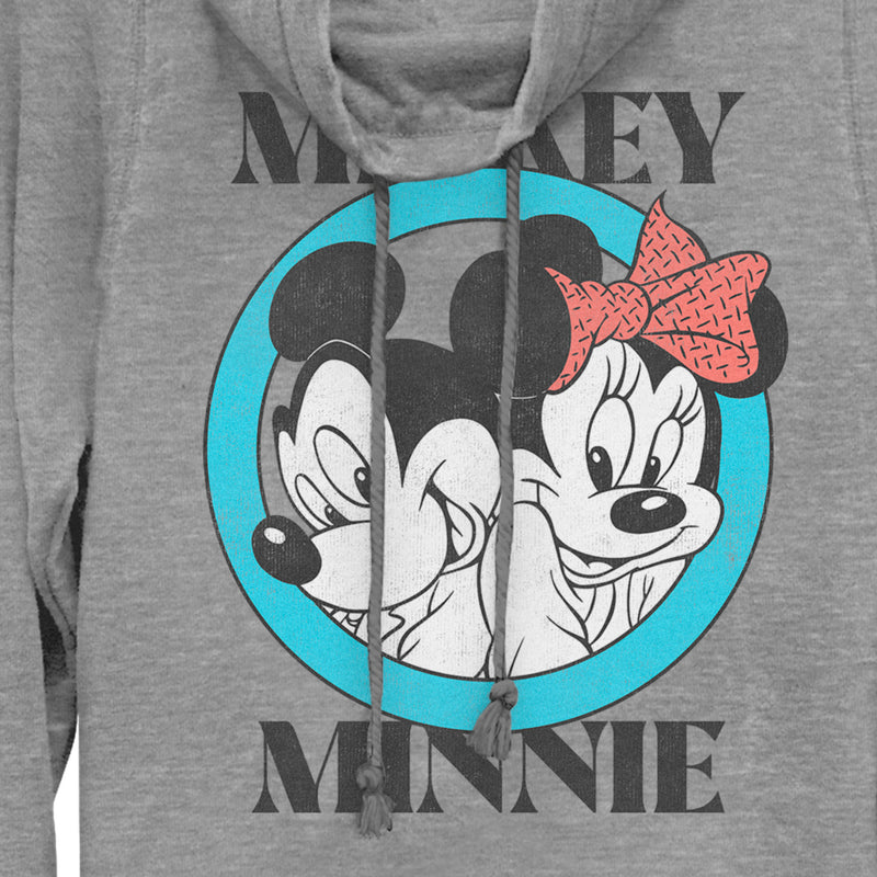 Junior's Mickey & Friends Distressed Mickey and Minnie Circle Logo Cowl Neck Sweatshirt