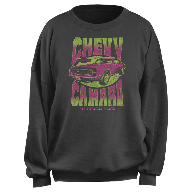 Junior's General Motors Distressed Pink and Green Chevy Camaro Sweatshirt
