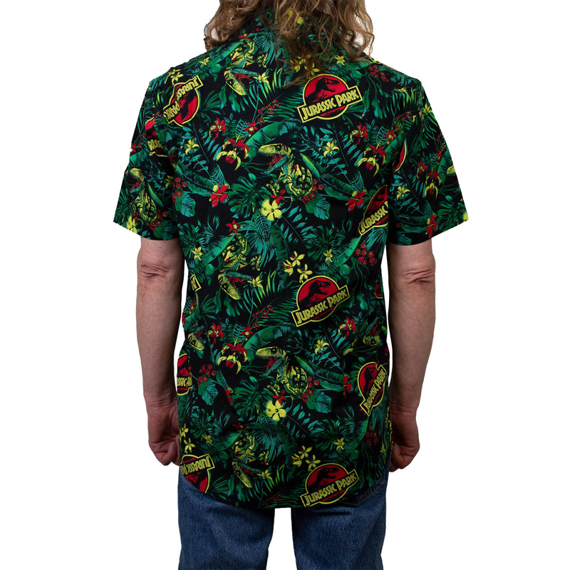 Men's Jurassic Park Classic Logo Hawaiian Print Button Down Shirt